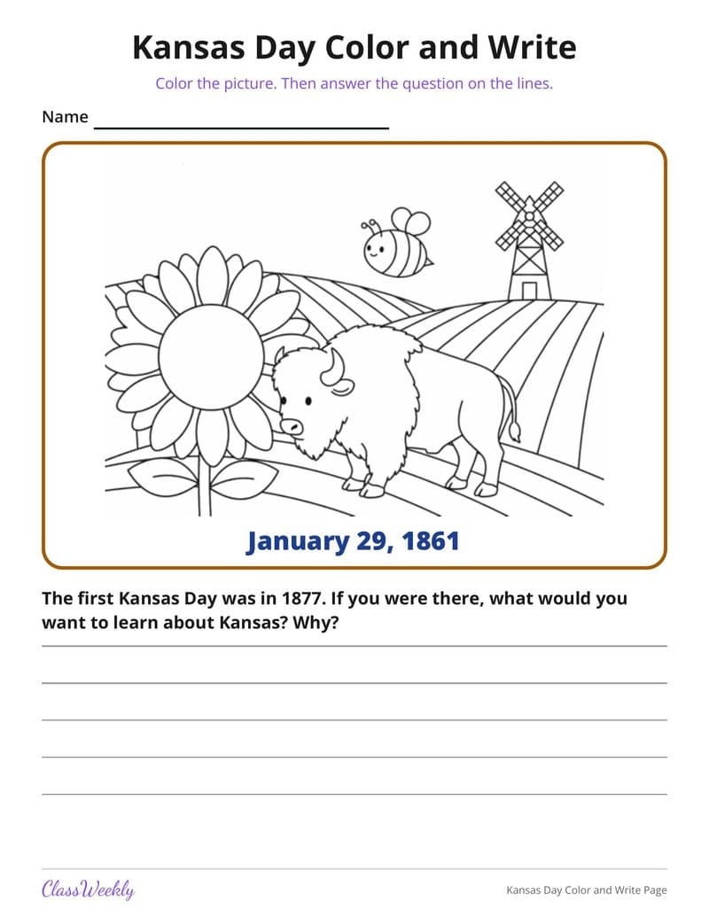 Kansas Day Color and Write Page - 3rd Grade Coloring Pages printable preview