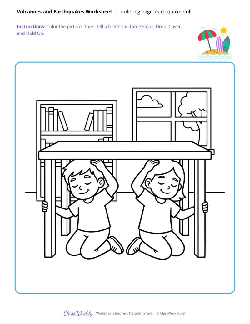 Earthquake Drill Coloring Page - Volcanoes & Earthquakes - 3rd Grade Coloring Pages worksheet preview
