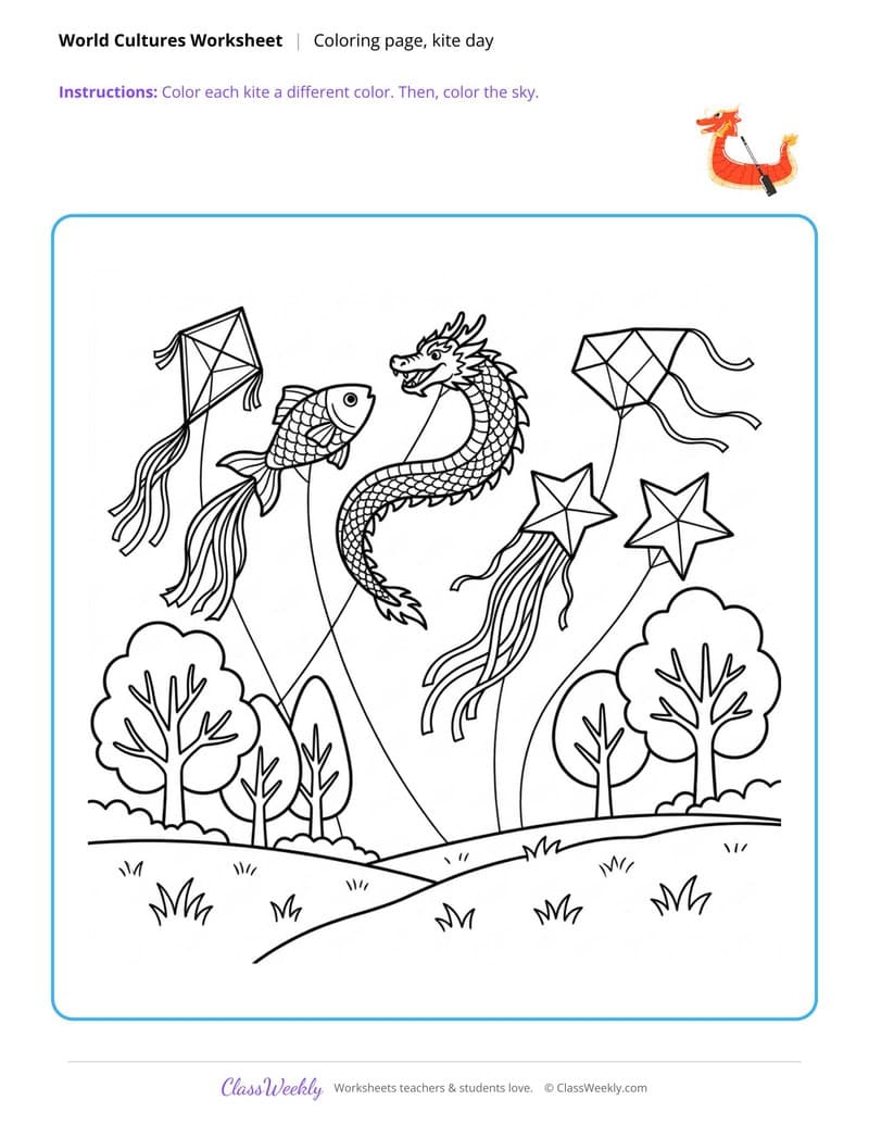 Kite Day Coloring Page - Diversity & World Cultures - 3rd Grade Coloring Pages worksheet preview