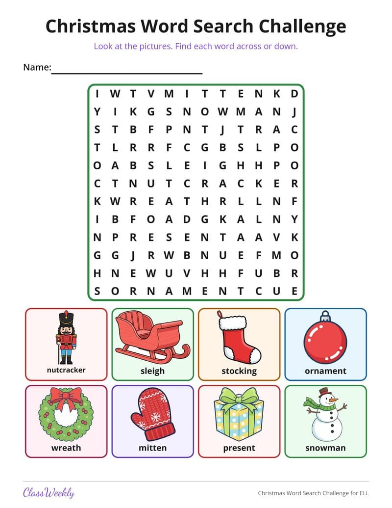Christmas Word Search Challenge for ELL - 2nd Grade Holiday Activities printable preview