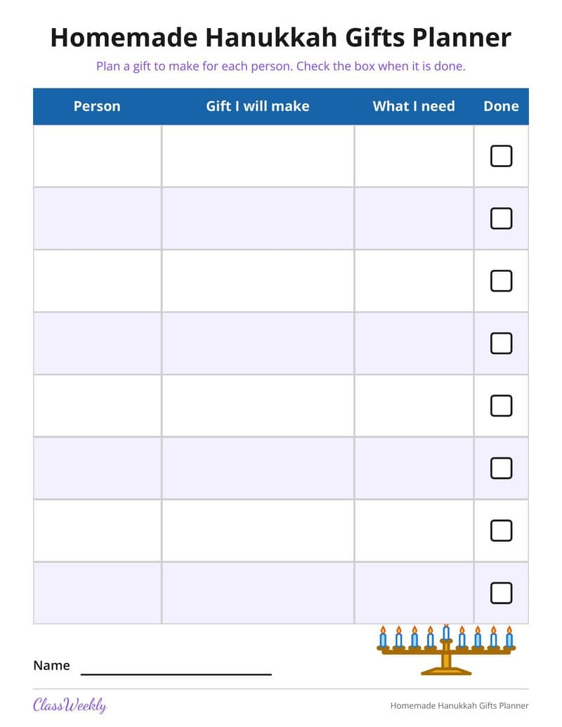 Homemade Hanukkah Gifts Planner - 3rd Grade Holiday Activities printable preview