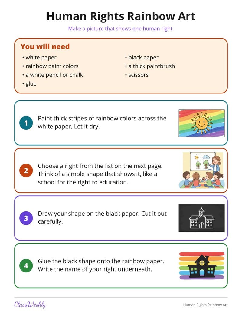 Human Rights Rainbow Art - 3rd Grade Holiday Activities printable preview