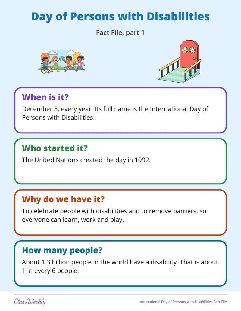 International Day of Persons with Disabilities Fact File - 3rd Grade Holiday Activities printable preview