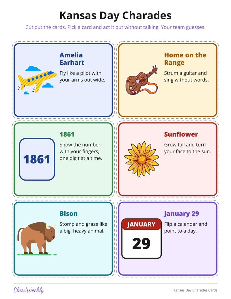 Kansas Day Charades Cards - 3rd Grade Holiday Activities printable preview