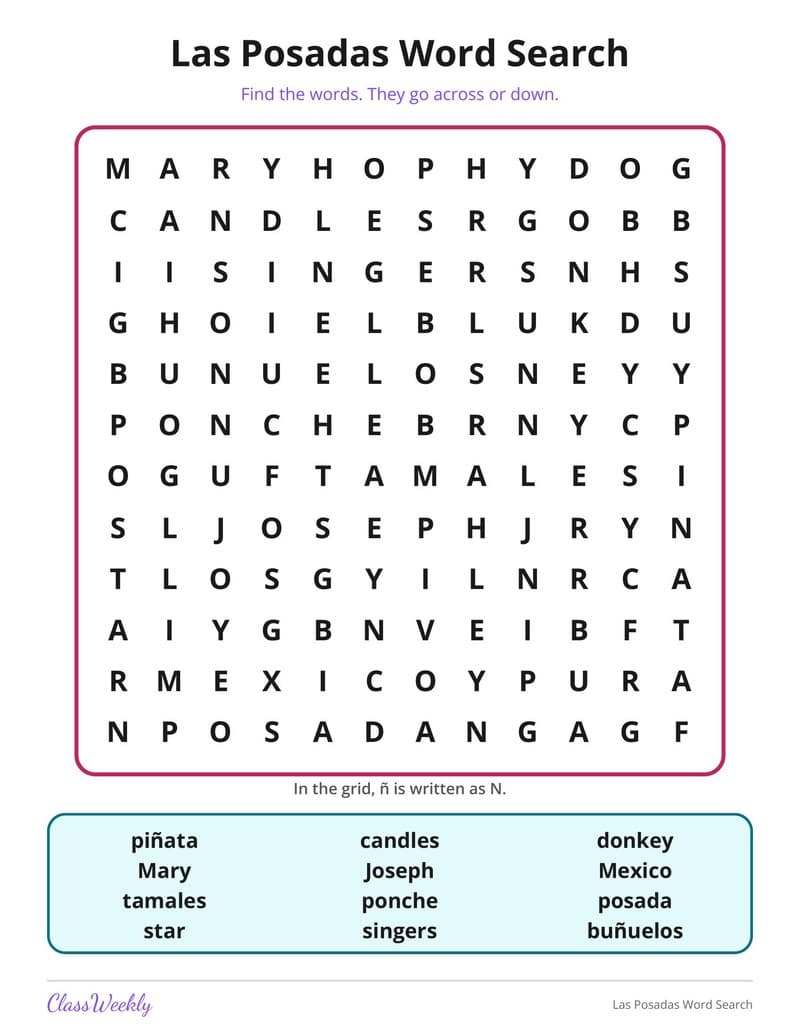 Las Posadas Word Search - 2nd Grade Holiday Activities printable preview
