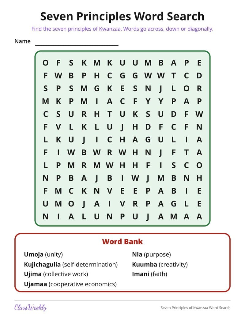 Seven Principles of Kwanzaa Word Search - 2nd Grade Holiday Activities printable preview