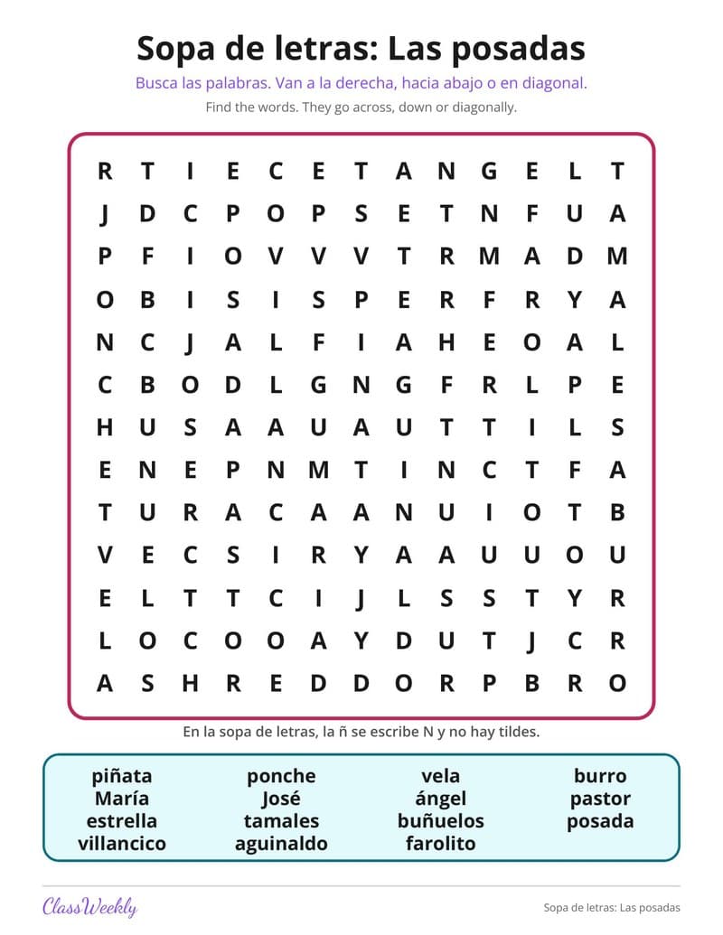 Sopa de letras: Las posadas - 2nd Grade Holiday Activities printable preview