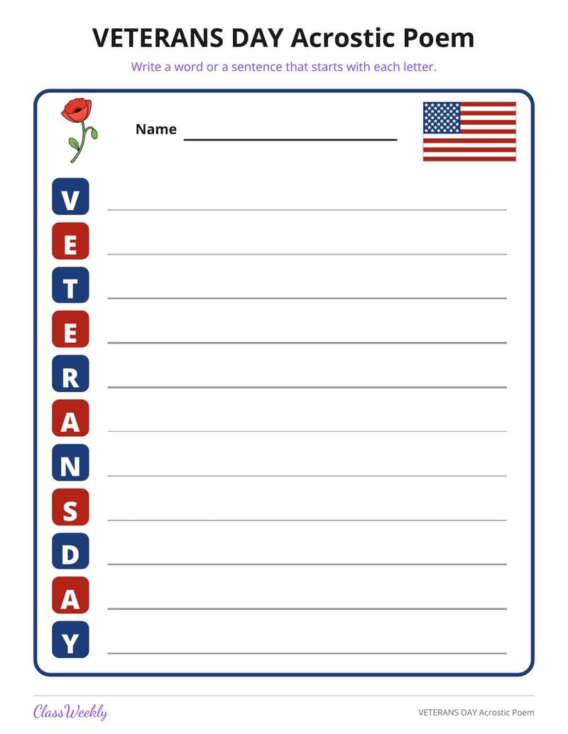 VETERANS DAY Acrostic Poem - 2nd Grade Holiday Activities printable preview