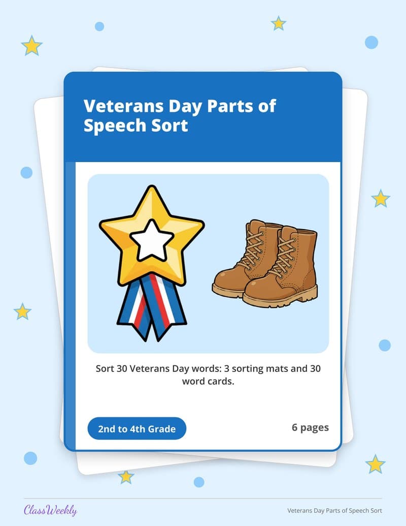 Veterans Day Parts of Speech Sort - 4th Grade Holiday Activities printable preview