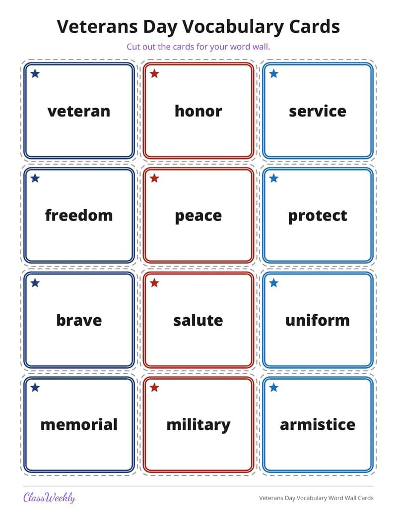 Veterans Day Vocabulary Word Wall Cards - 2nd Grade Holiday Activities printable preview