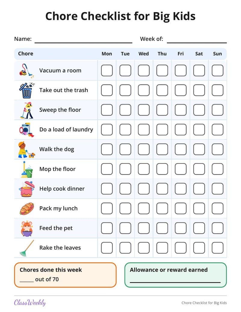 Chore Checklist for Big Kids - 2nd Grade Reward and Behavior Charts printable preview