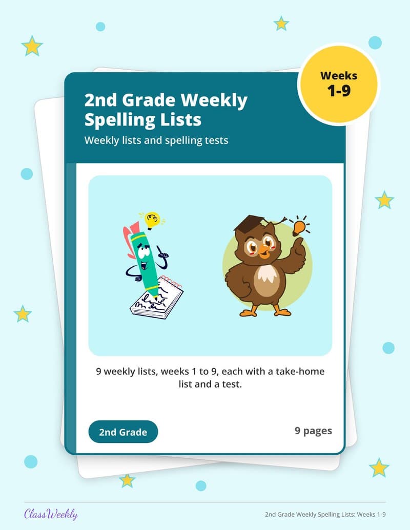 2nd Grade Weekly Spelling Lists: Weeks 1-9 - 2nd Grade Spelling Lists printable preview