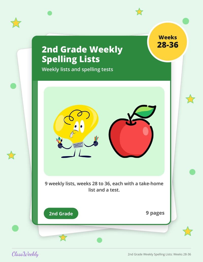 2nd Grade Weekly Spelling Lists: Weeks 28-36 - 2nd Grade Spelling Lists printable preview