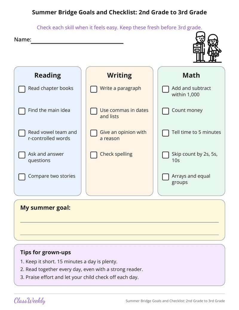 Summer Bridge Goals and Checklist: 2nd Grade to 3rd Grade - 2nd Grade Summer Activities printable preview