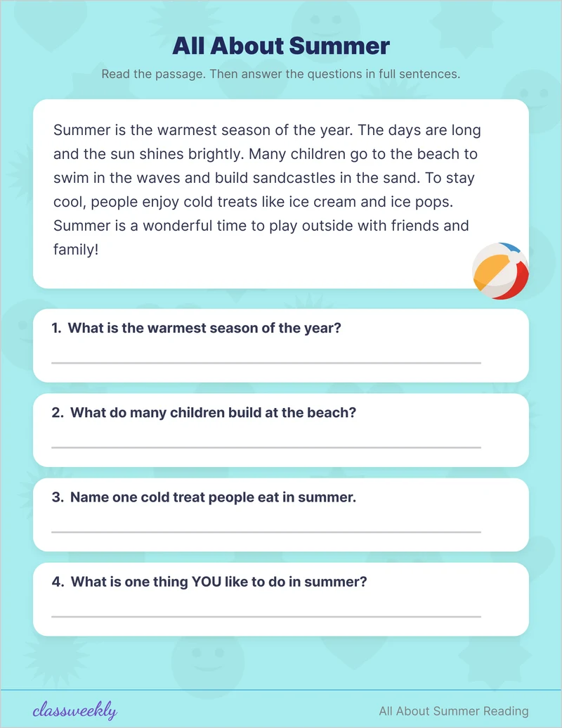 Second Grade Summer Reading Comprehension - 2nd Grade Summer Activities worksheet preview