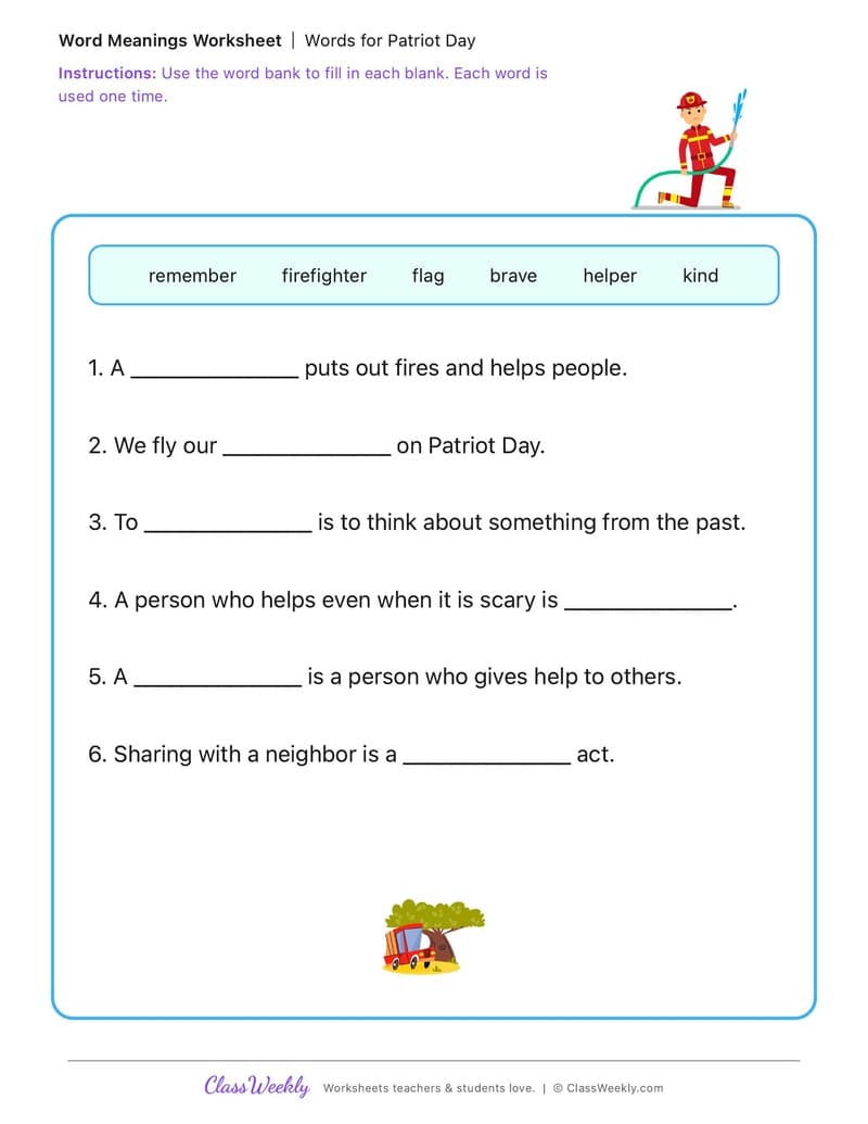 Words for Patriot Day - 2nd Grade worksheet preview