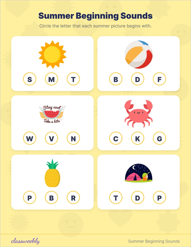 Summer Beginning Sounds Worksheet - Kindergarten Summer Activities worksheet preview