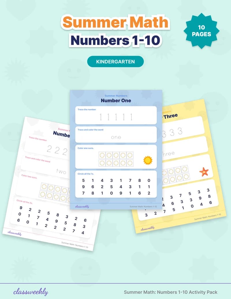 Summer Math: Numbers 1-10 - Kindergarten Summer Activities worksheet preview