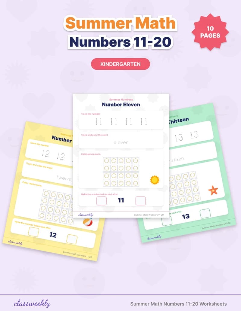 Summer Math: Numbers 11-20 - Kindergarten Summer Activities worksheet preview