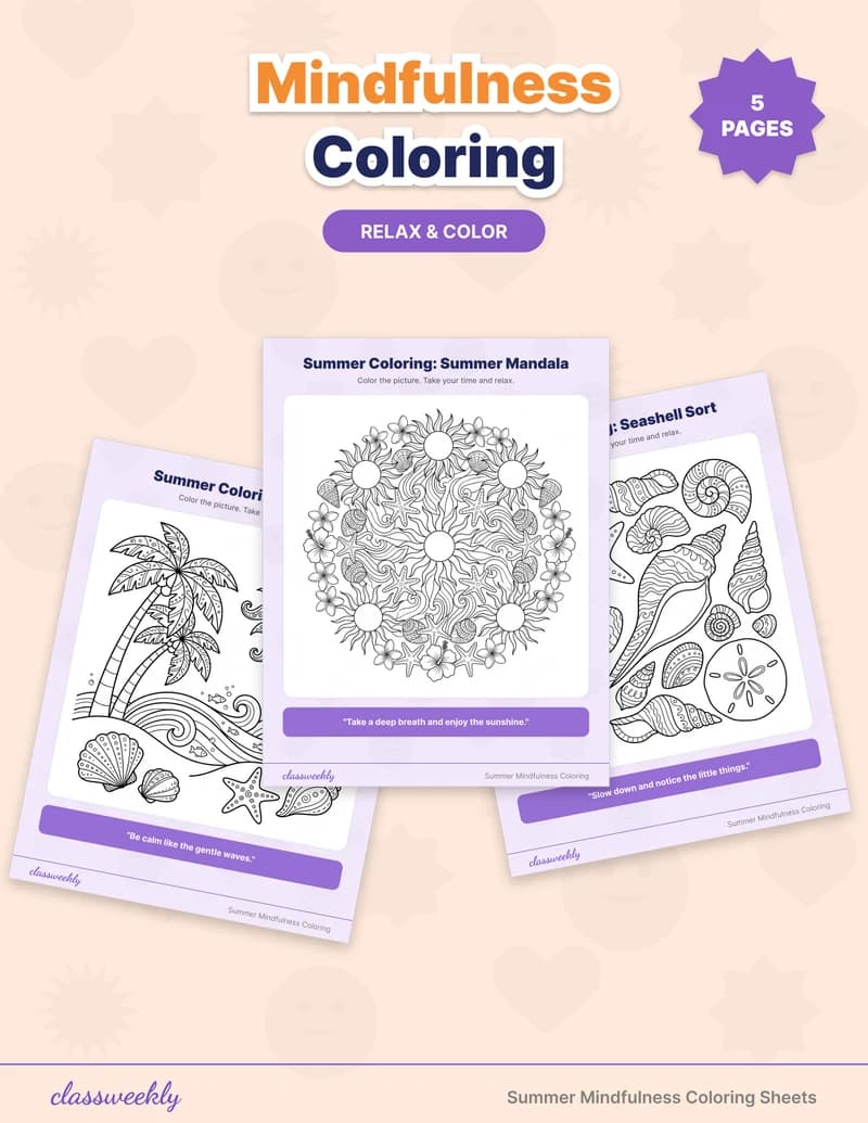 Summer Mindfulness Coloring Sheets - Kindergarten Summer Activities worksheet preview
