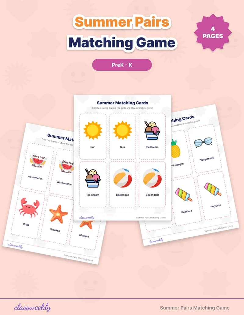Summer Pairs Matching Game - Kindergarten Summer Activities worksheet preview