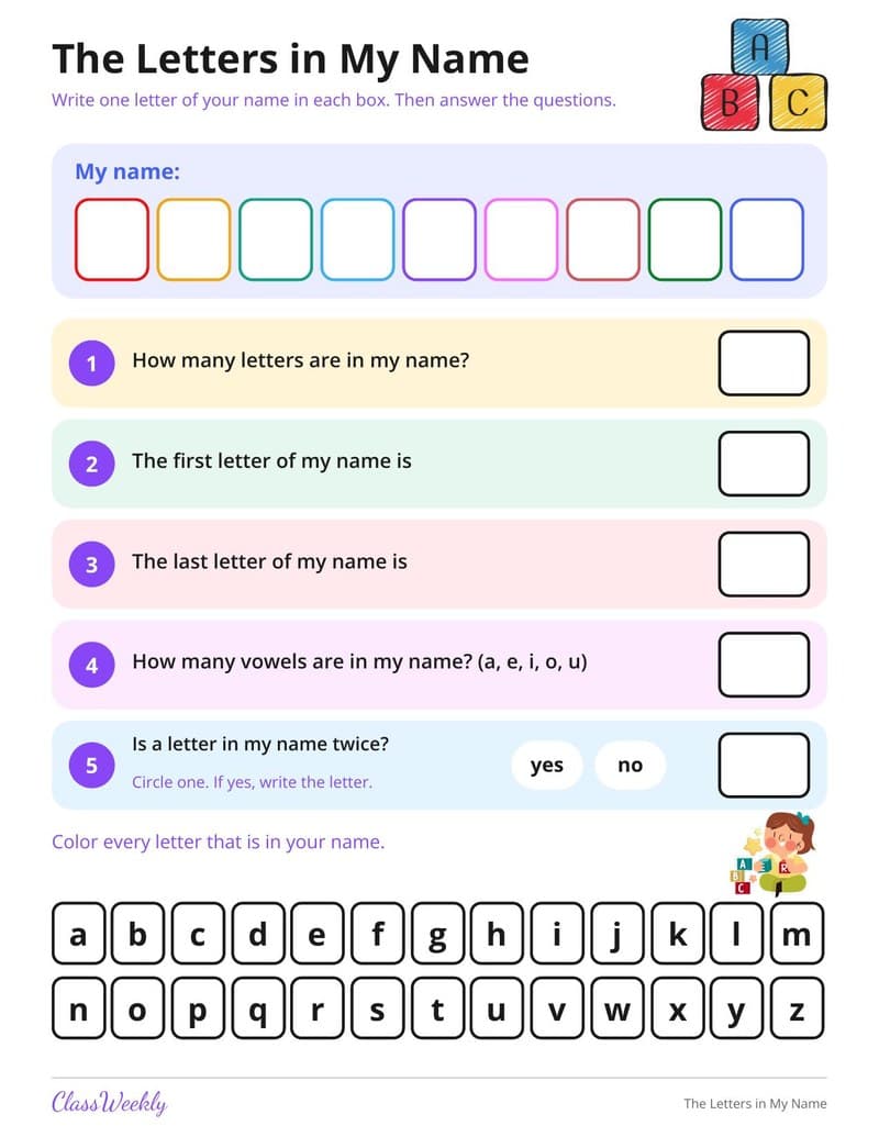 The Letters in My Name - Kindergarten Alphabet printable preview
