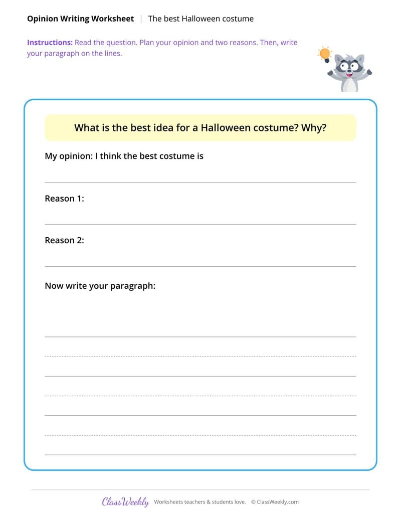Opinion Paragraph - Halloween - 3rd Grade worksheet preview