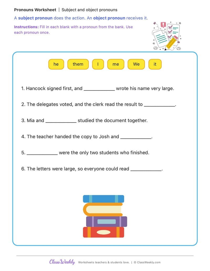 Subject and object pronouns - John Hancock - 3rd Grade worksheet preview