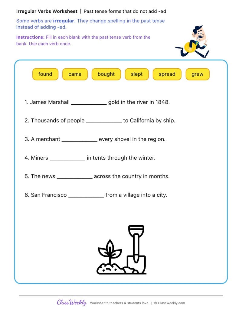 Past tense forms that do not add -ed - California Gold Rush - 3rd Grade worksheet preview