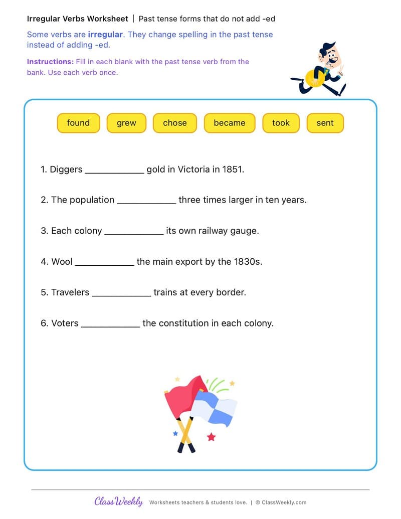 Past tense forms that do not add -ed - Colonial Australia (British Colonisation) - 3rd Grade worksheet preview
