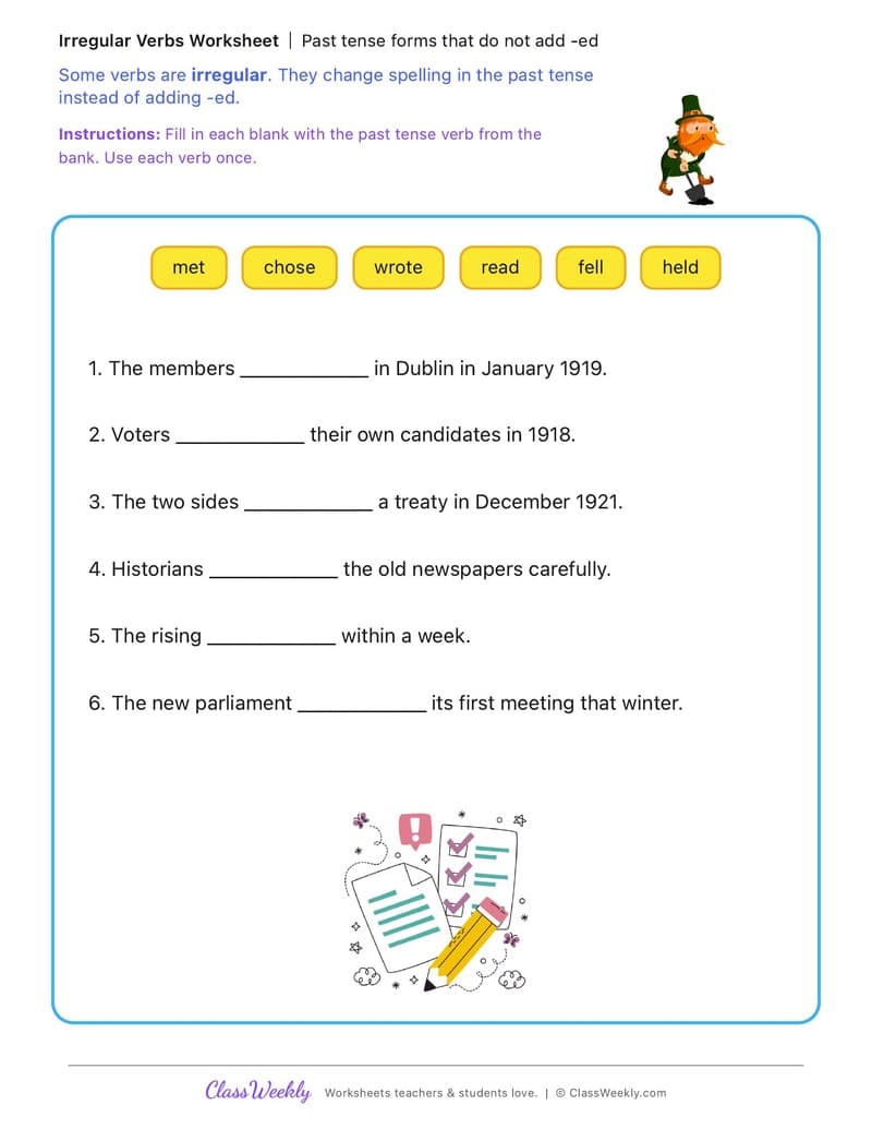 Past tense forms that do not add -ed - Irish Revolution and War of Independence - 3rd Grade worksheet preview