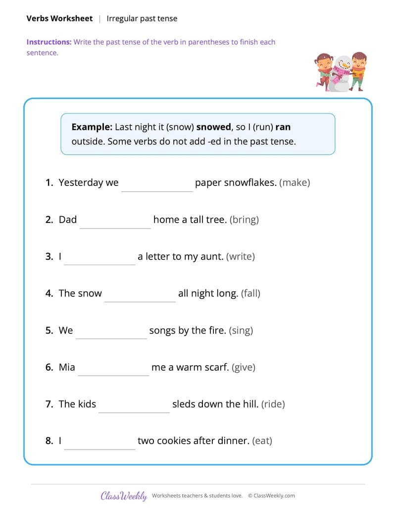 Christmas Irregular Past Tense Verbs - 3rd Grade worksheet preview