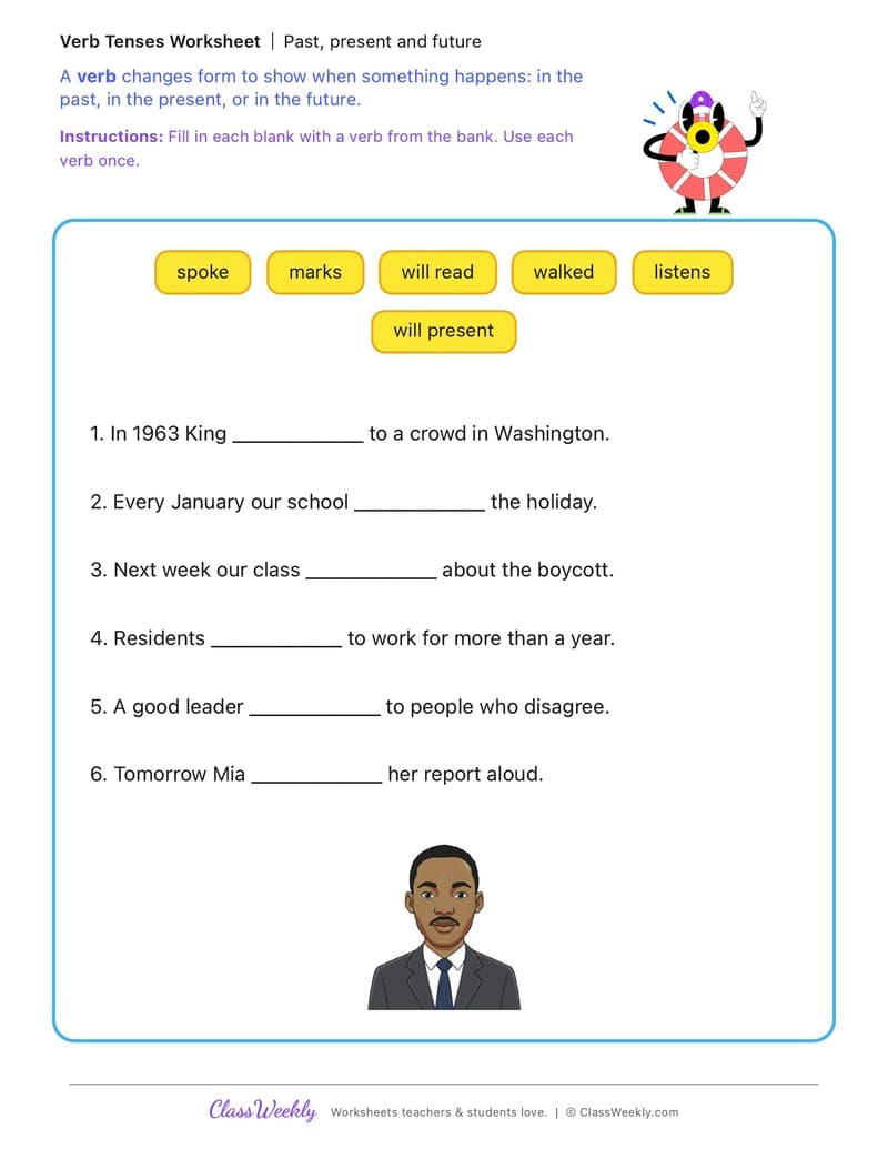 Past, present and future - MLK Day / Black History Month - 3rd Grade worksheet preview