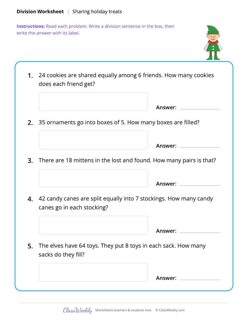 Christmas Division Word Problems - 3rd Grade worksheet preview