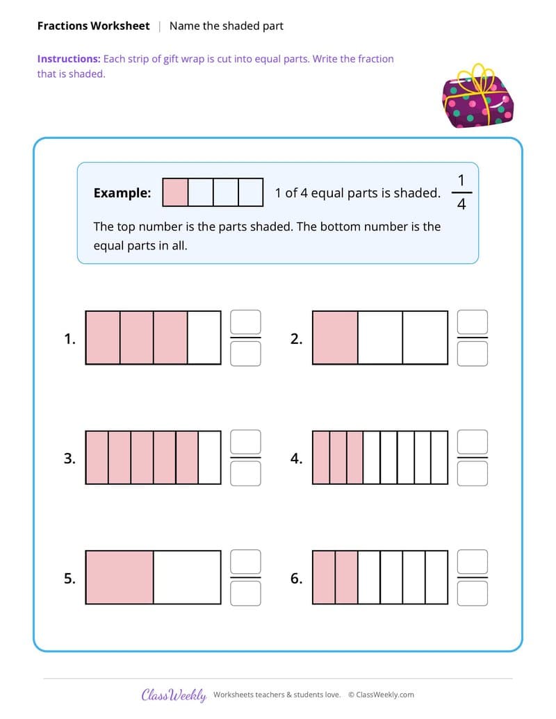 Christmas Fractions: Name the Fraction - 3rd Grade worksheet preview