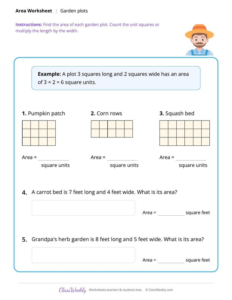 Thanksgiving Area: Garden Plots - 3rd Grade worksheet preview