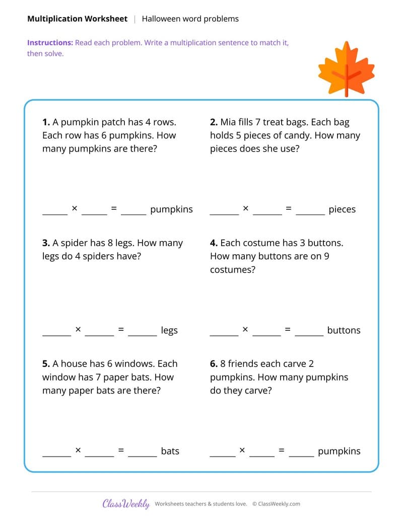 Multiplication Word Problems - Halloween - 3rd Grade worksheet preview