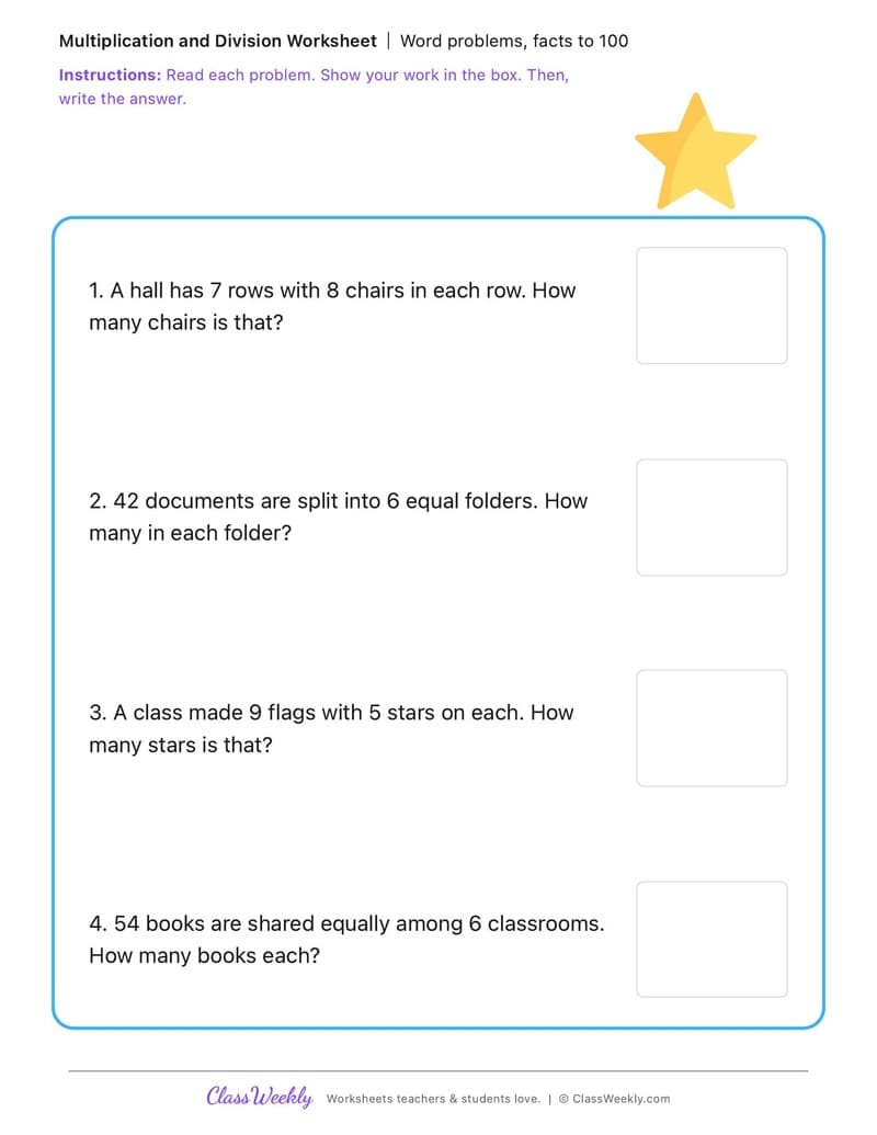 Word problems, facts to 100 - Anson Jones - 3rd Grade worksheet preview