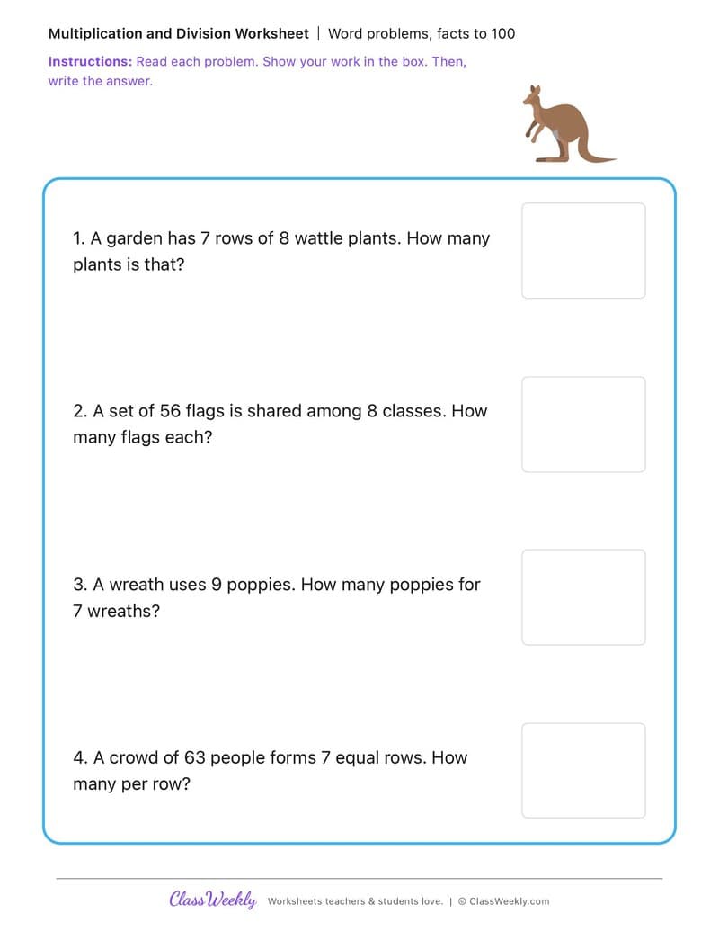 Word problems, facts to 100 - Australia's Identity, Celebrations and Commemorations - 3rd Grade worksheet preview