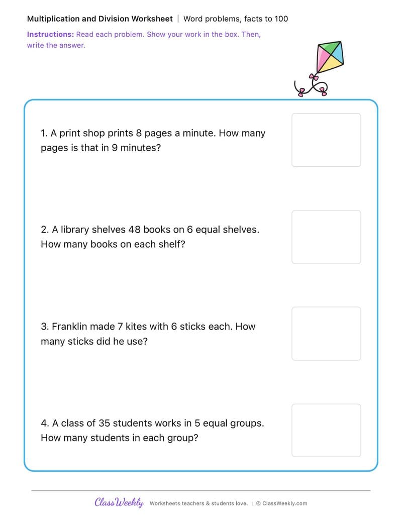 Word problems, facts to 100 - Benjamin Franklin - 3rd Grade worksheet preview