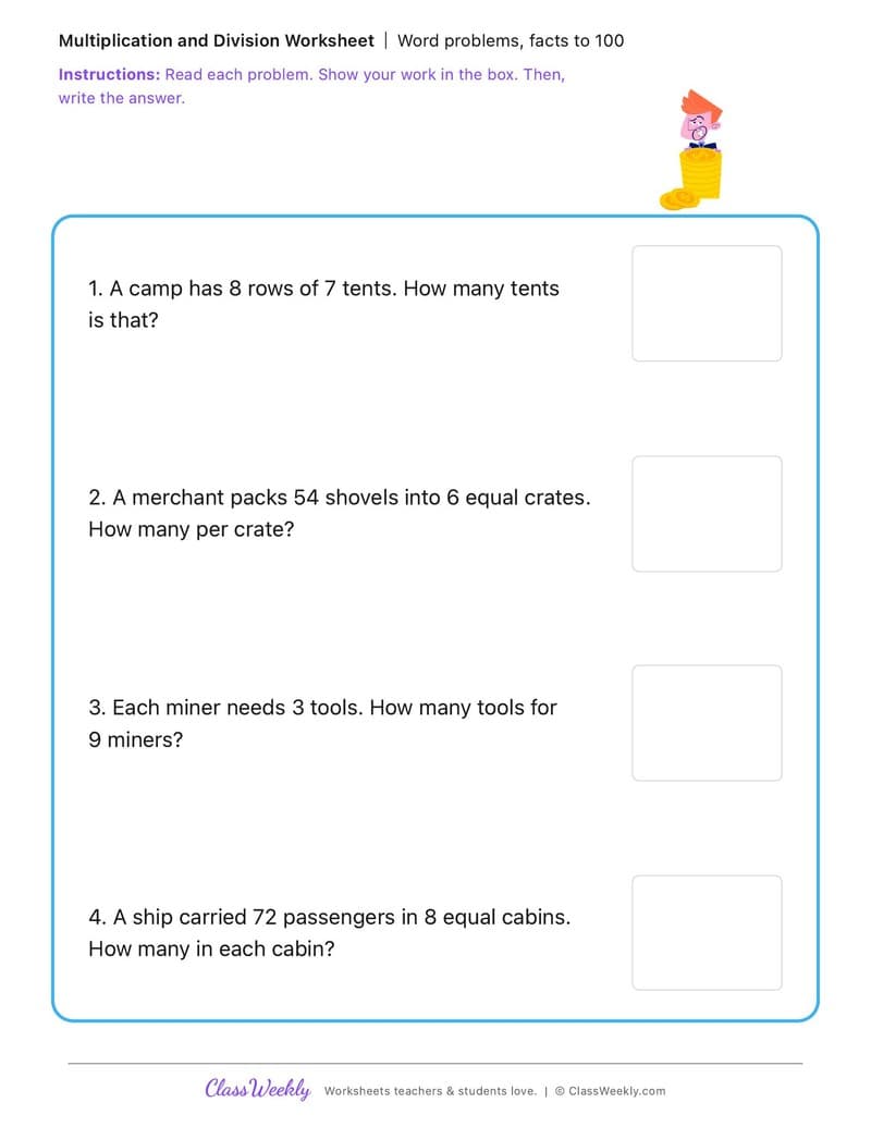 Word problems, facts to 100 - California Gold Rush - 3rd Grade worksheet preview