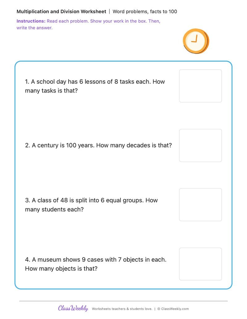 Word problems, facts to 100 - Change and Continuity - 3rd Grade worksheet preview