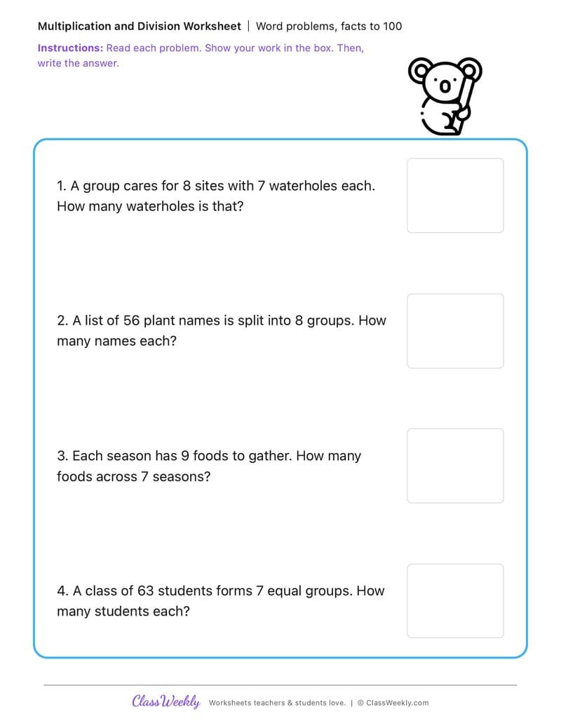 Word problems, facts to 100 - Effects of First Fleet Contact on First Nations Australians - 3rd Grade worksheet preview