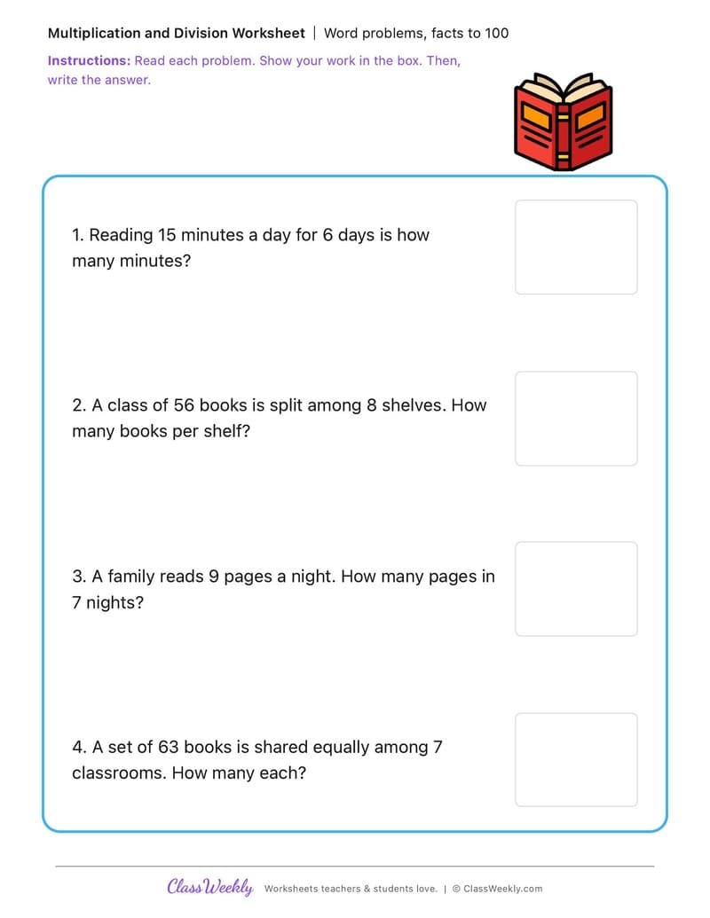 Word problems, facts to 100 - Family Literacy Day - 3rd Grade worksheet preview