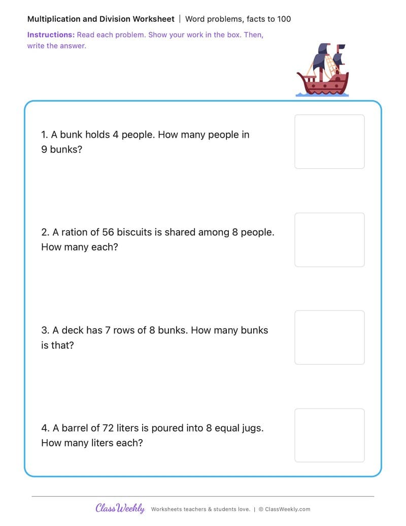 Word problems, facts to 100 - First Fleet Experiences - 3rd Grade worksheet preview