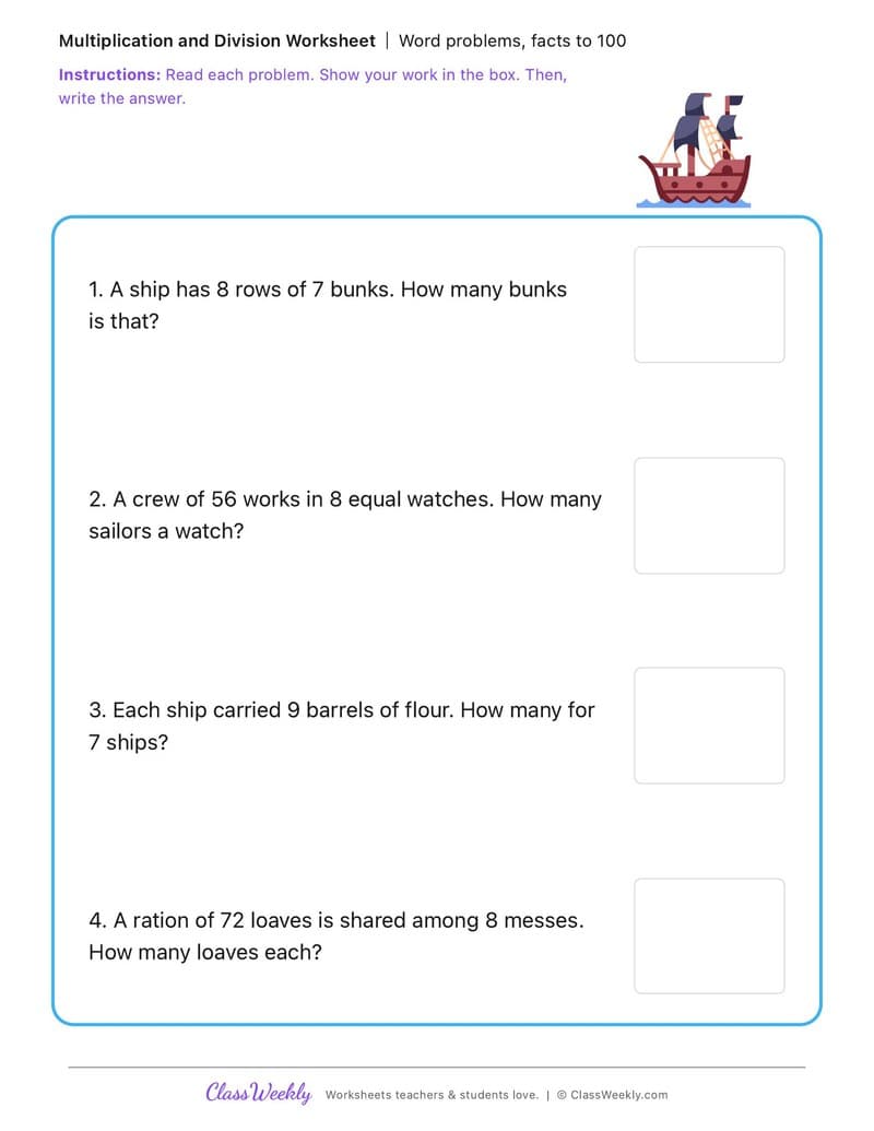 Word problems, facts to 100 - First Fleet - 3rd Grade worksheet preview