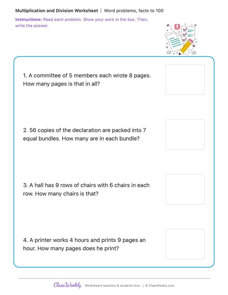 Word problems, facts to 100 - George Childress - 3rd Grade worksheet preview