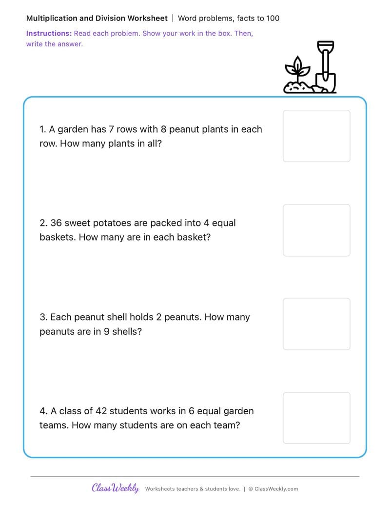 Word problems, facts to 100 - George Washington Carver - 3rd Grade worksheet preview
