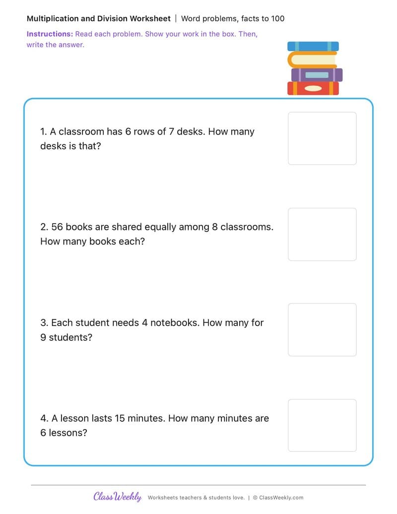 Word problems, facts to 100 - International Day of Education - 3rd Grade worksheet preview