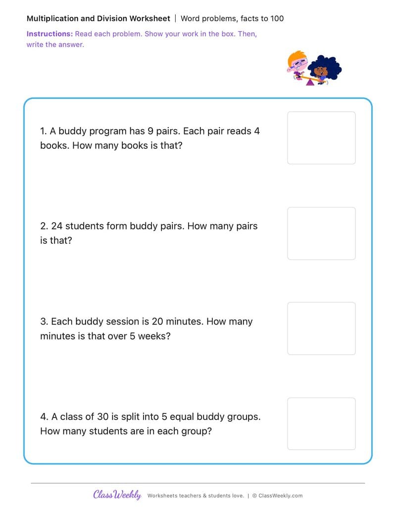 Word problems, facts to 100 - Kindergarten Buddy Day - 3rd Grade worksheet preview